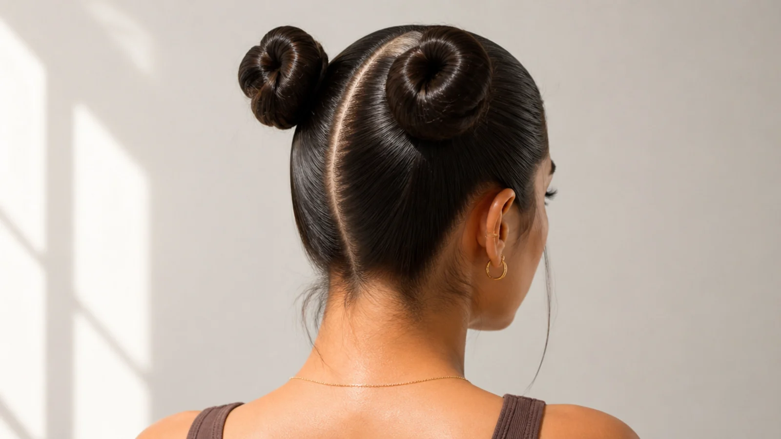 Ultra-glossy slicked space buns finished with shine serum
