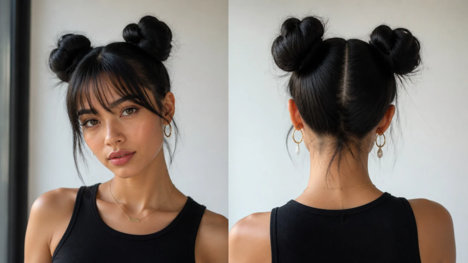 Slicked space buns worn with sleek bangs