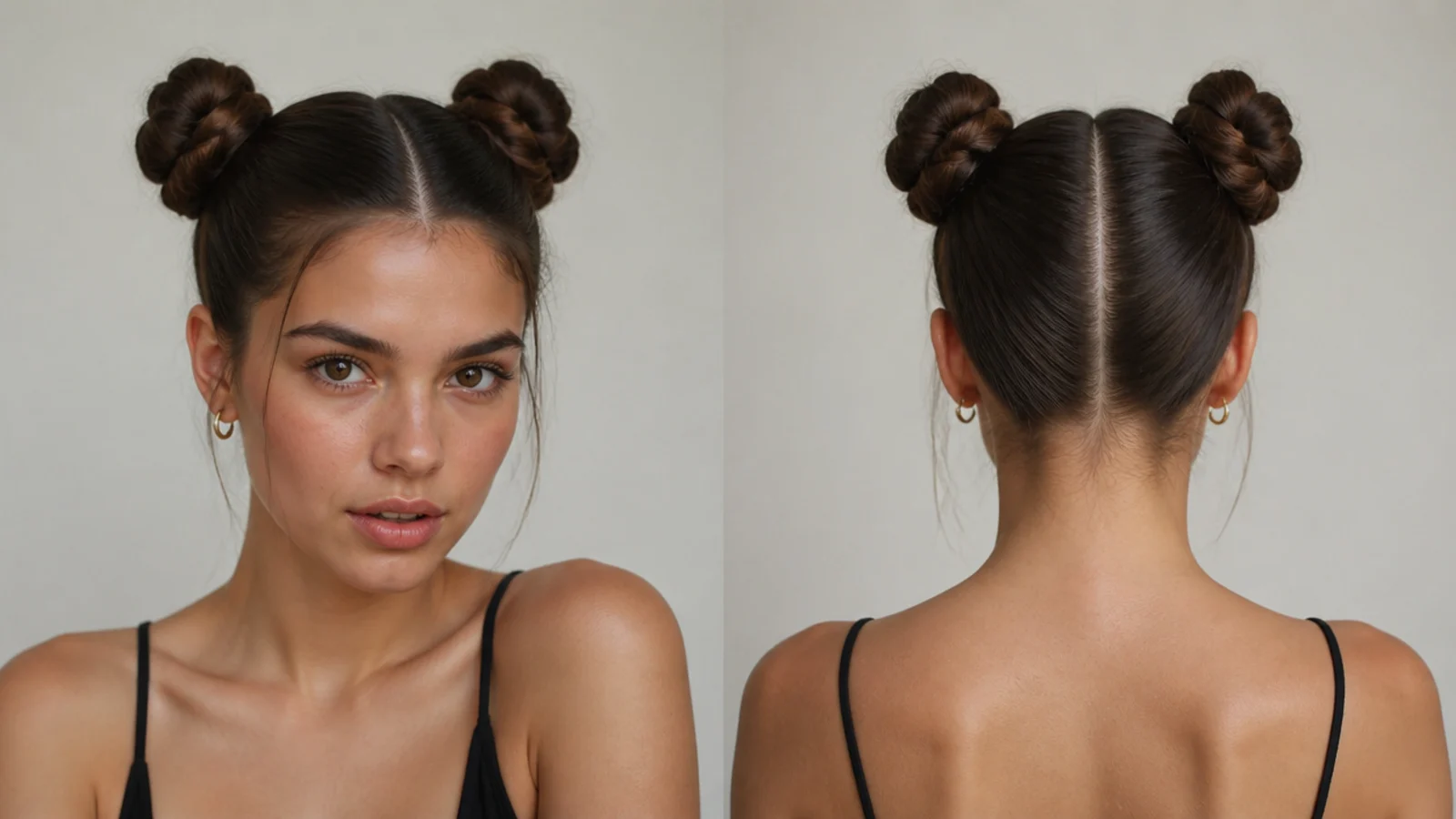 Slicked space buns made from neat rope twists