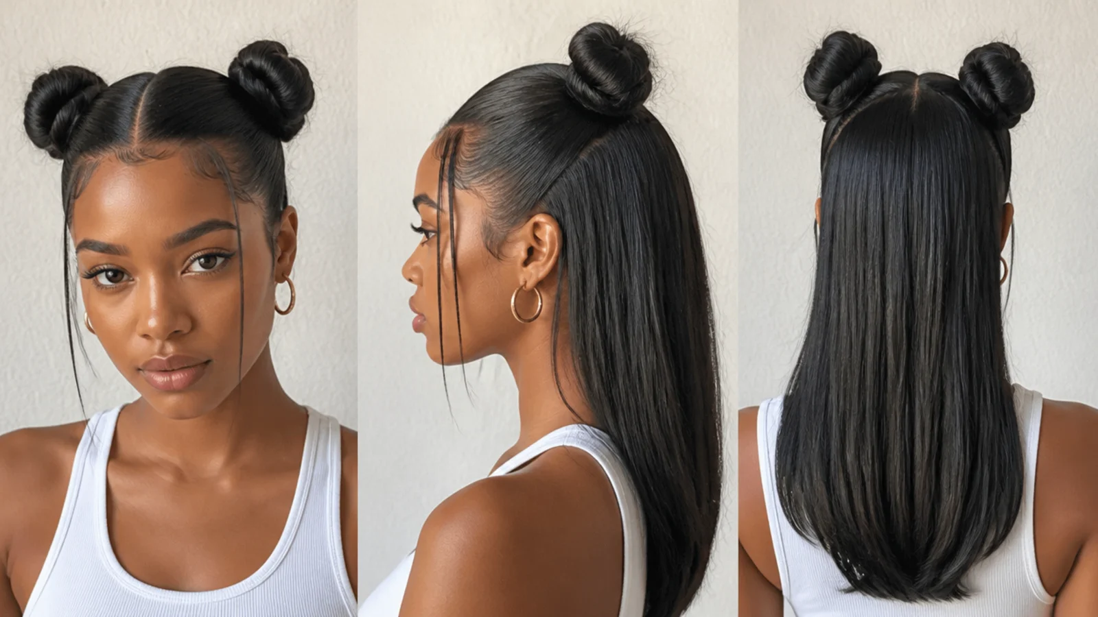 Sleek slicked space buns on smooth relaxed hair
