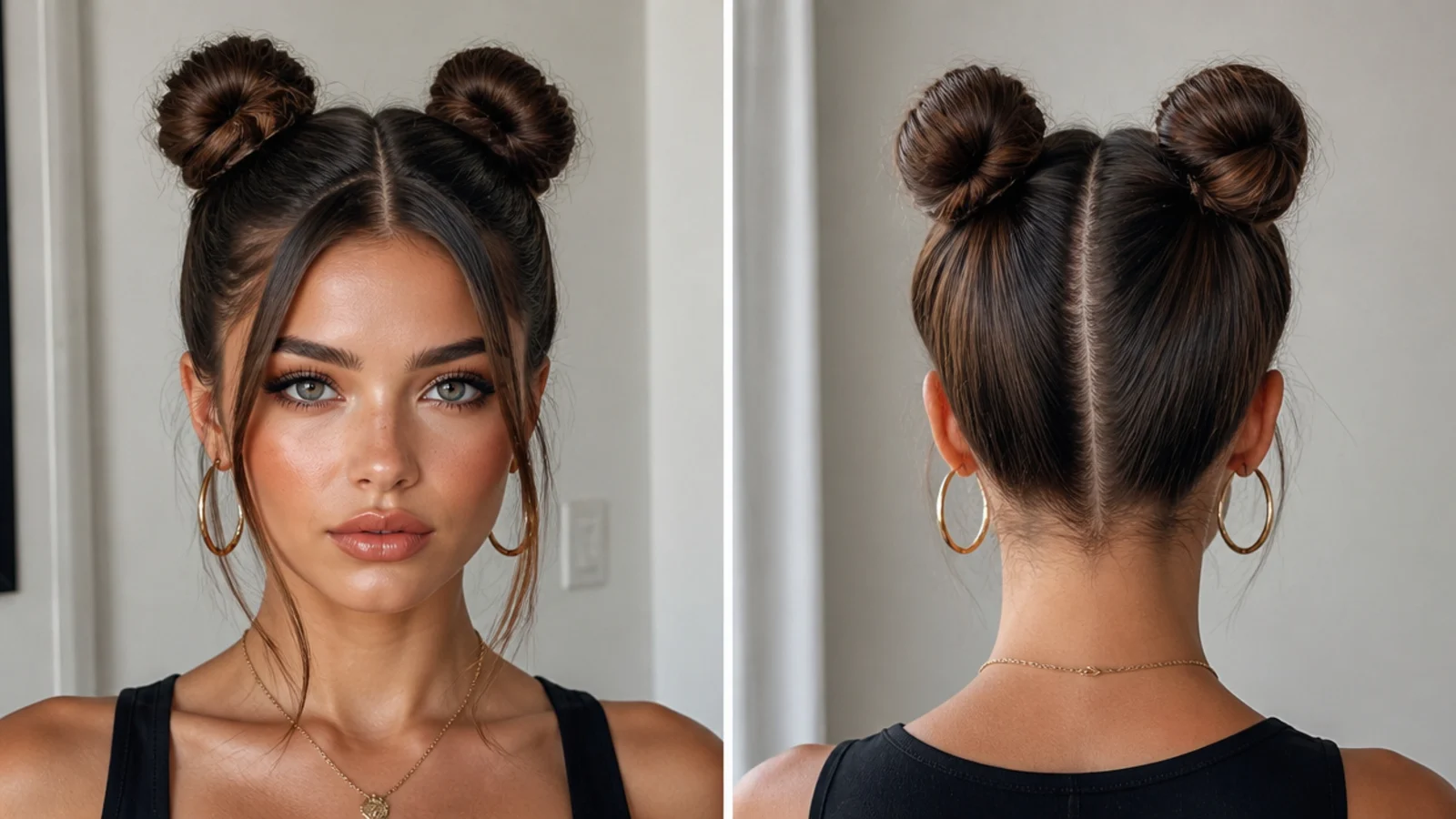 Slicked space buns with a sleek face-framing swoop