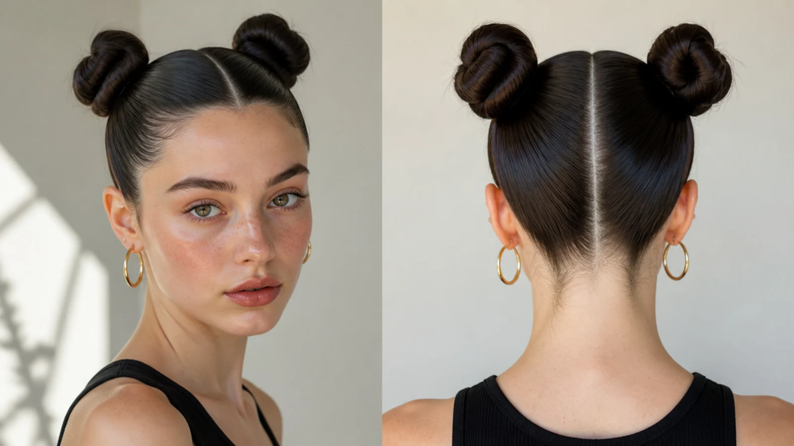 Very clean slicked space buns with a defined shape