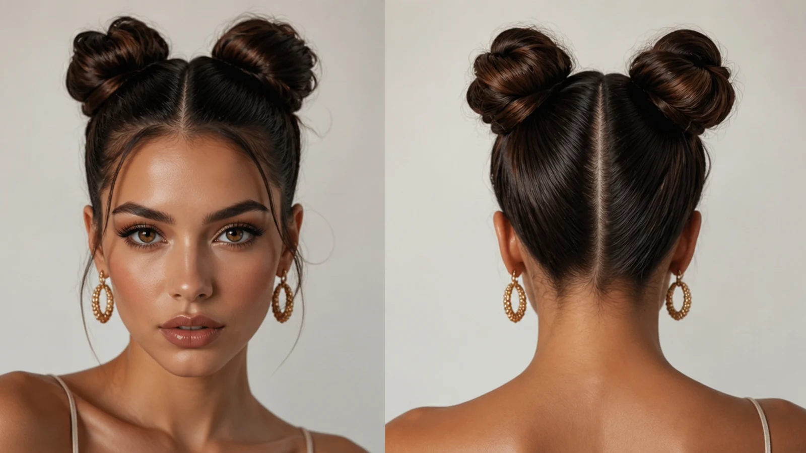 High-glam slicked space buns for a night out with statement earrings