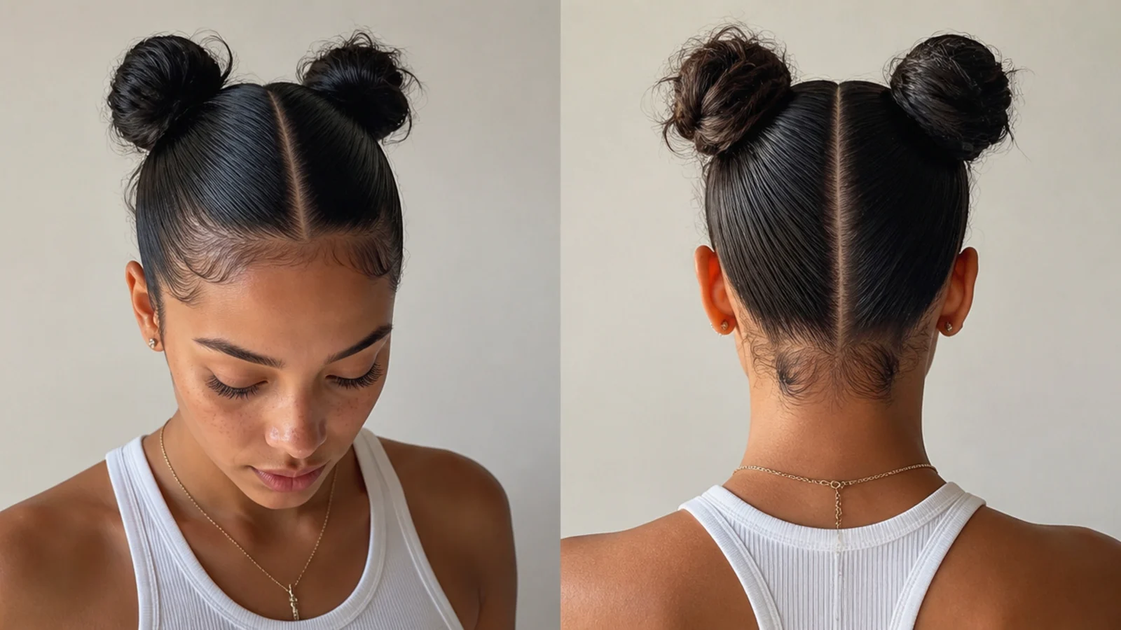Two sleek slicked-back space buns with glossy laid edges