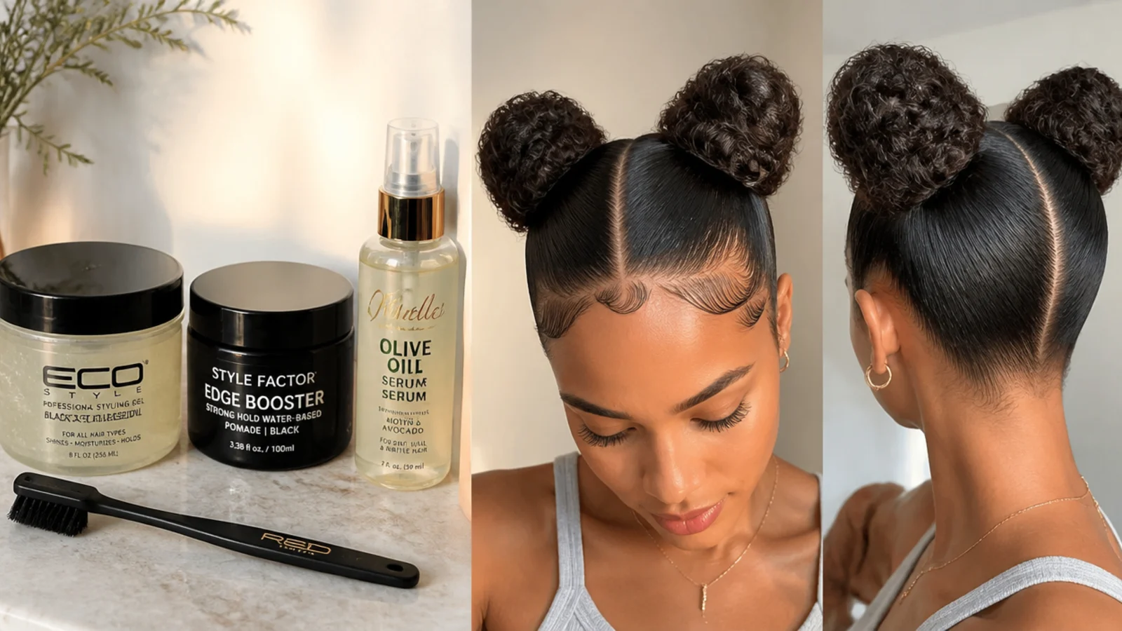 Gel, edge control, a slick-back brush and shine serum laid out