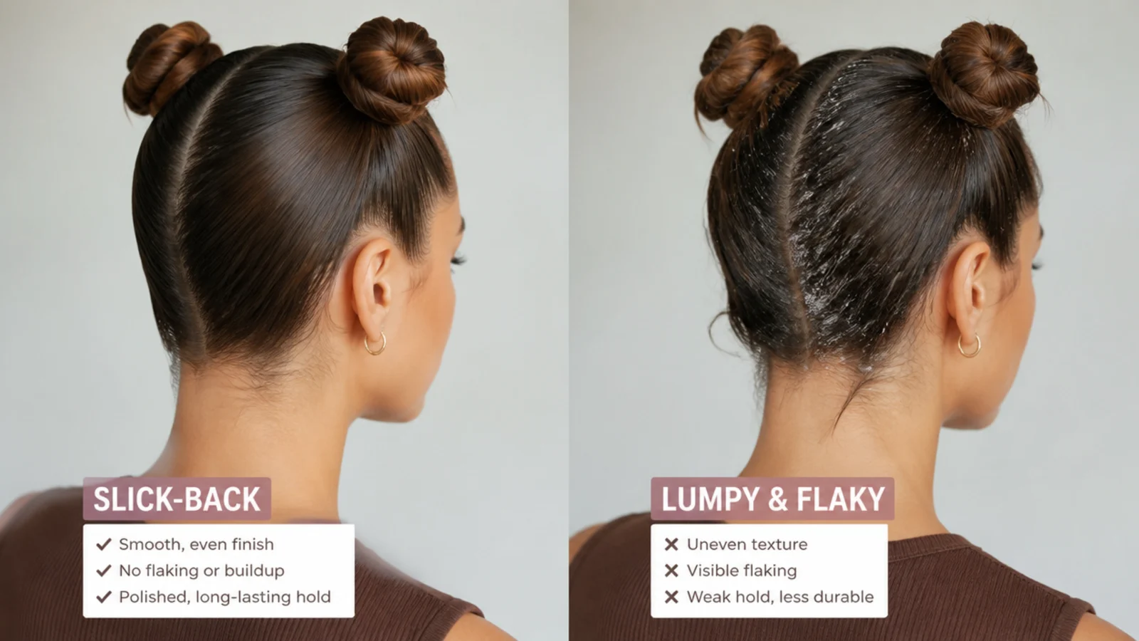 A smooth, streak-free slick-back versus a lumpy, flaky one