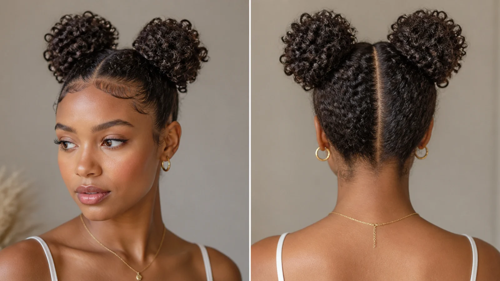 Two space buns on tightly coiled hair with defined coils