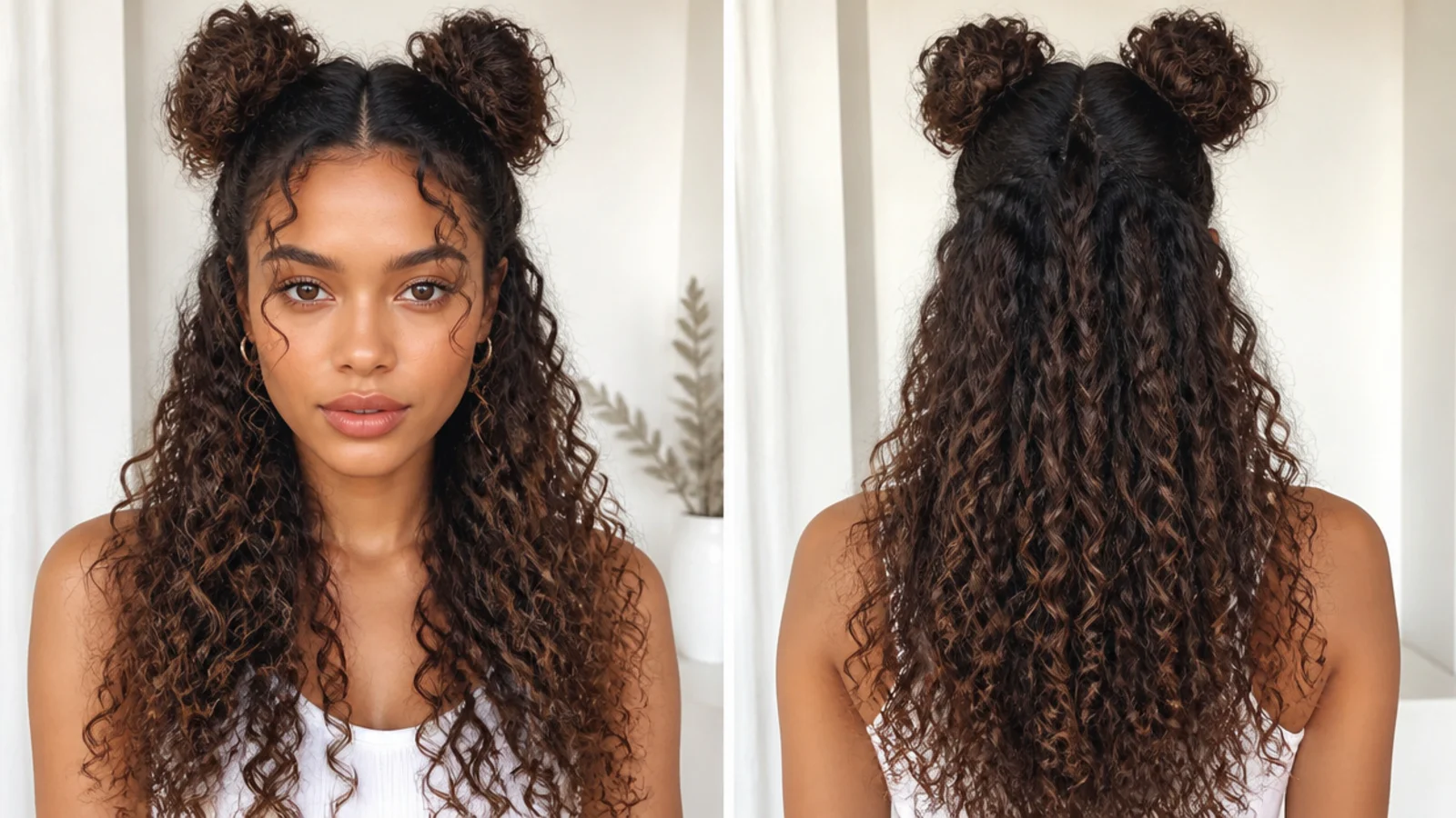Half-up curly space buns with curls flowing down