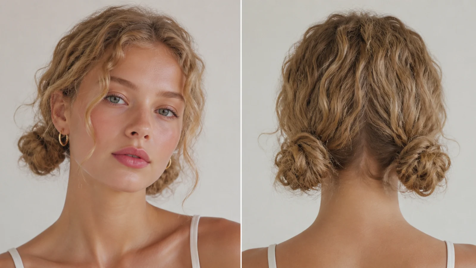 Two low curly space buns at the nape