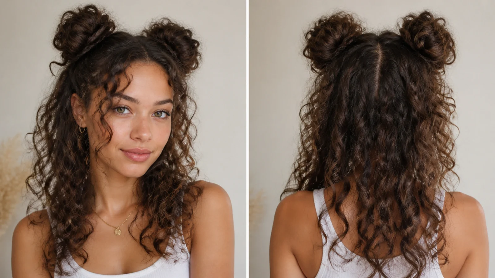 Curly space buns with soft curls left out to frame the face