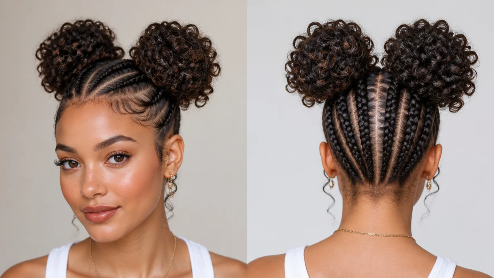 Sleek cornrows leading into full curly space buns