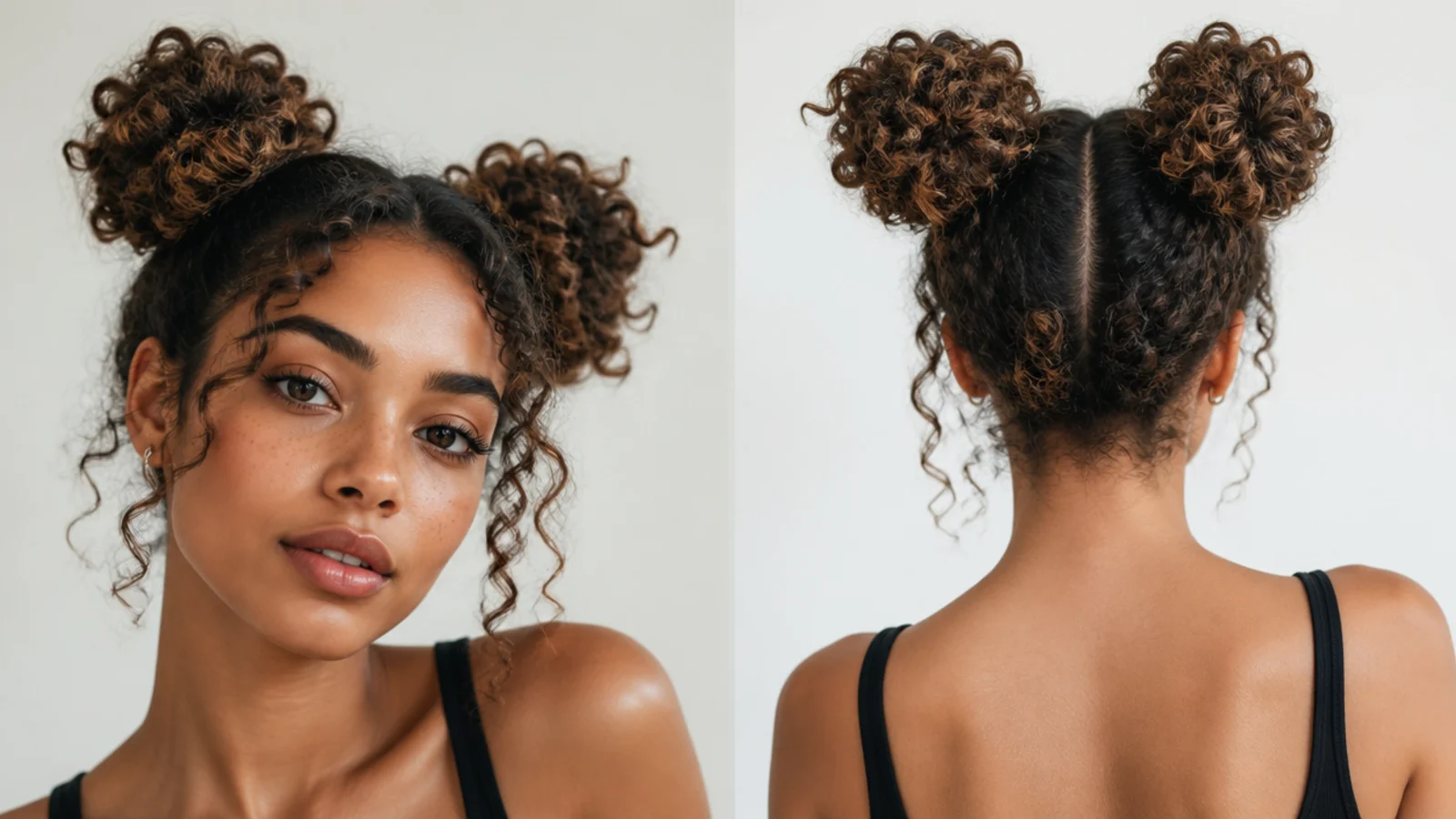 Loose, high curly space buns styled like double pineapples