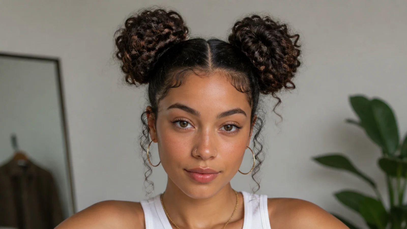 Curly space buns with smoothed roots and full curly buns