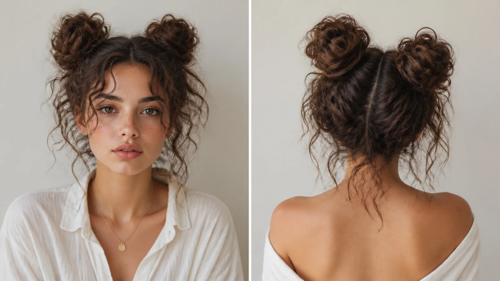 Two soft, messy curly space buns with loose curls