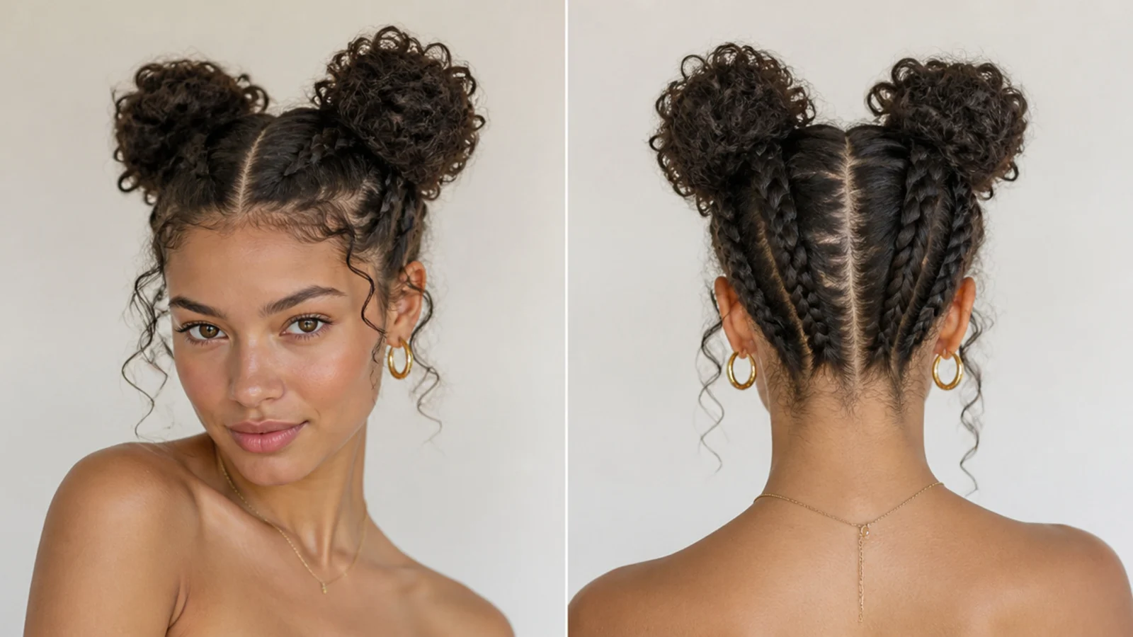 Curly space buns with braids leading into each bun