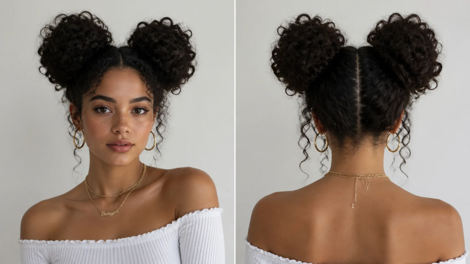 Two oversized jumbo curly space buns