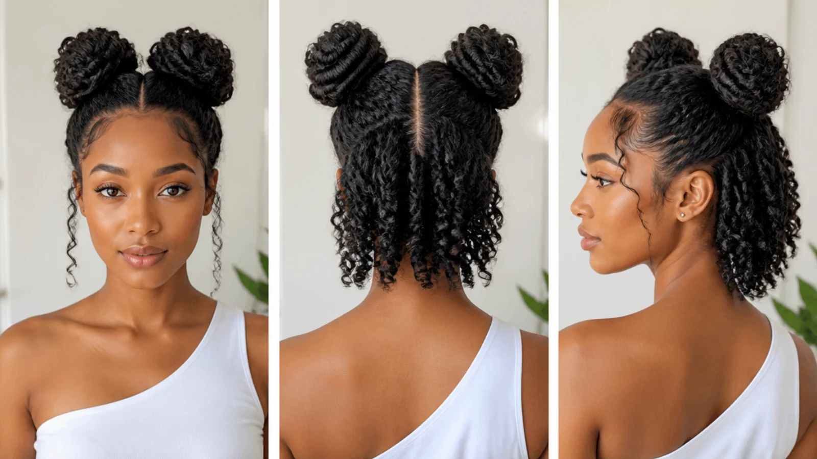 Space buns made from a twist-out with defined waves