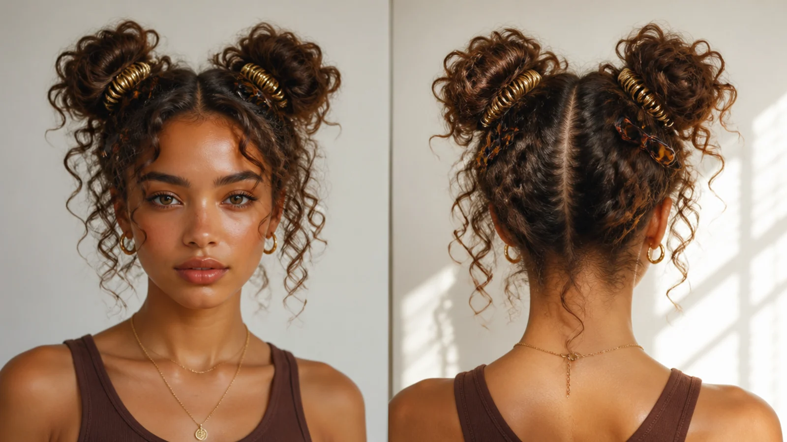 Curly space buns finished with clips and cuffs