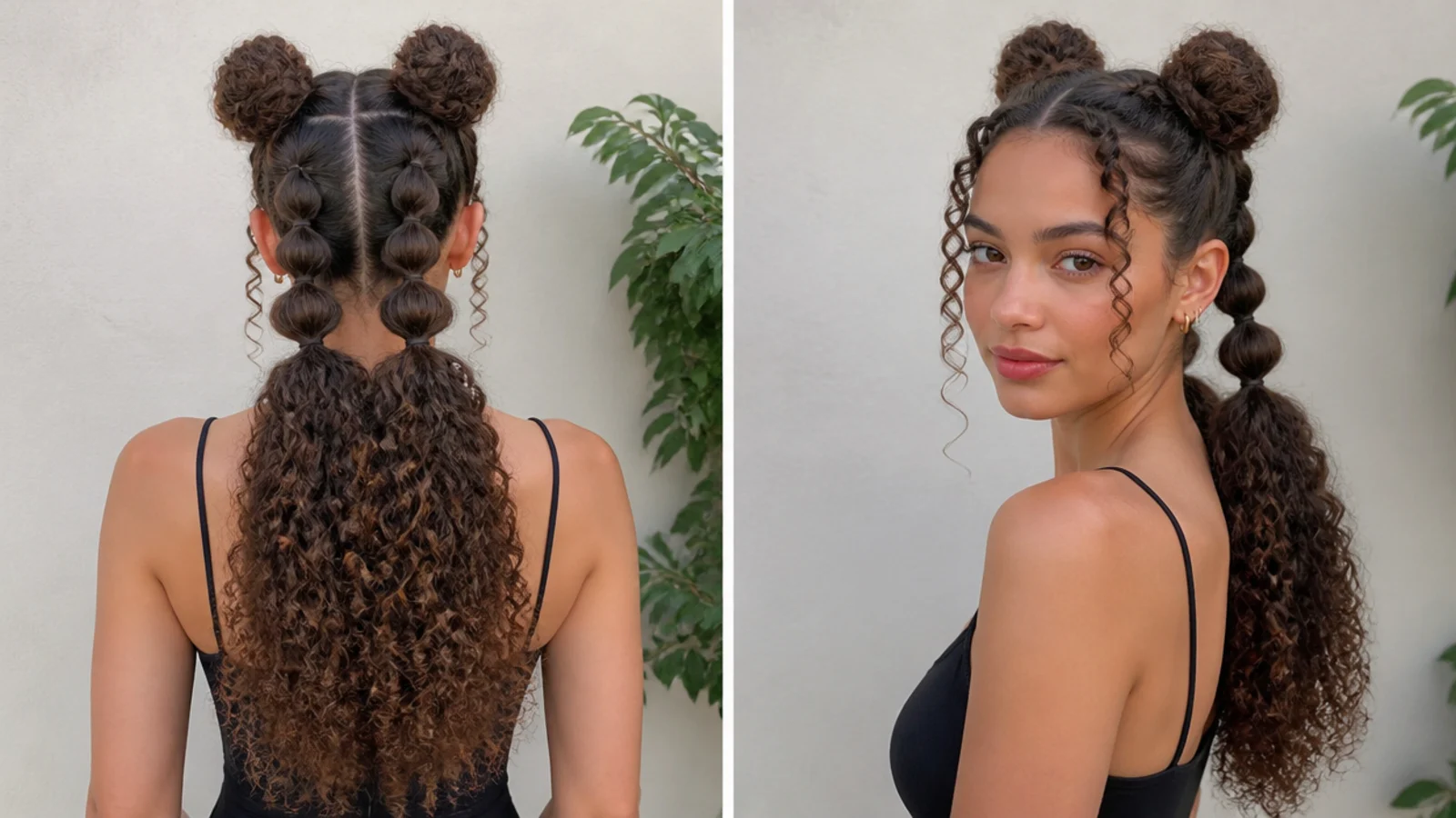 Curly hair with bubble braids leading into curly buns