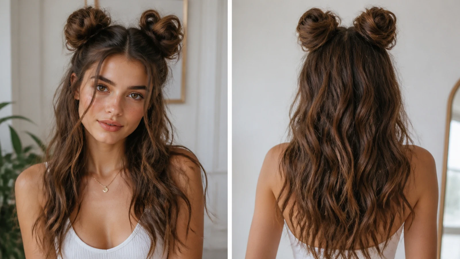Two soft wavy space buns on loose curly hair