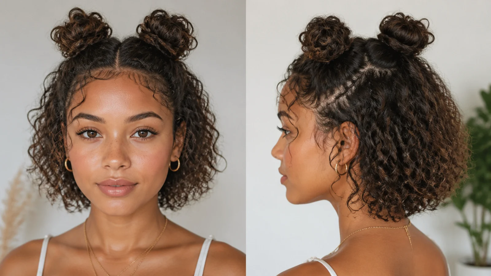 Two small curly mini space buns on shorter curly hair