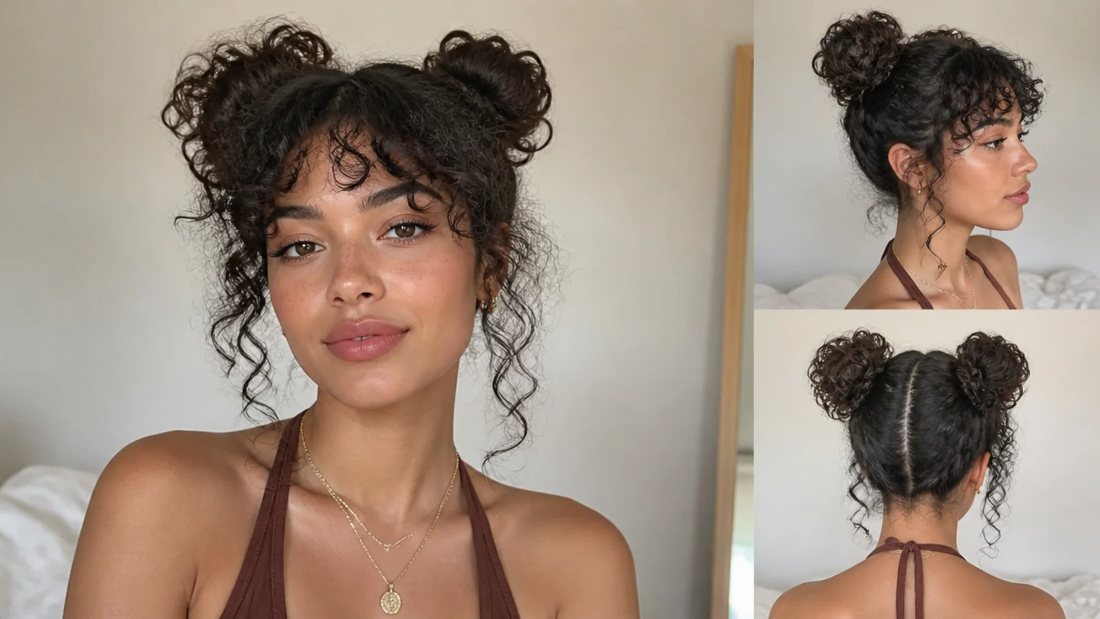 Curly space buns worn with curly bangs