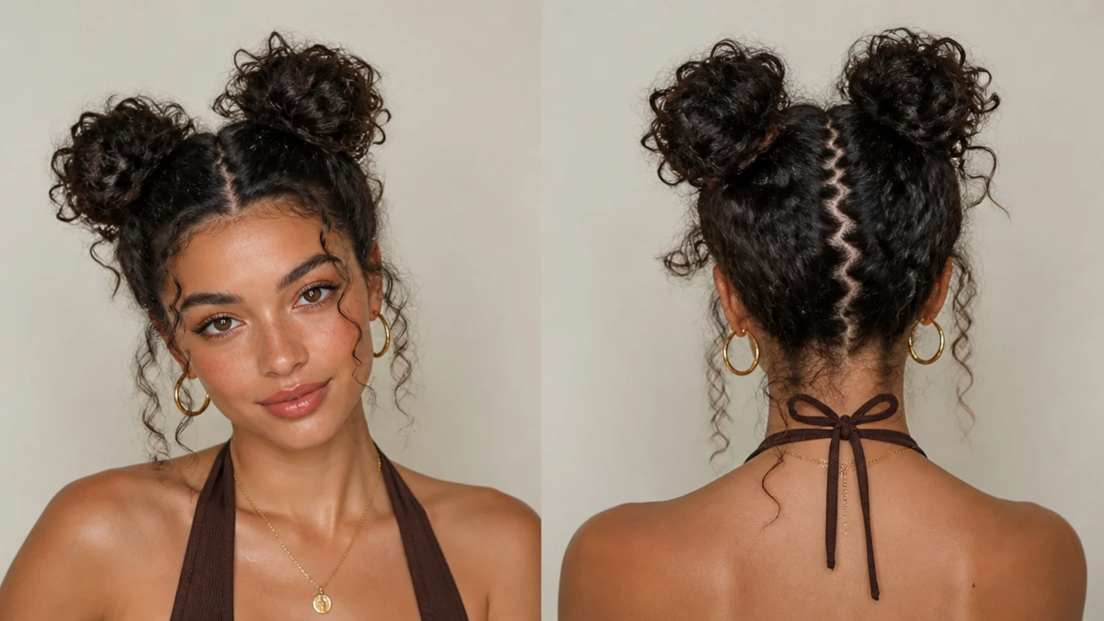 Curly space buns with a zigzag center part