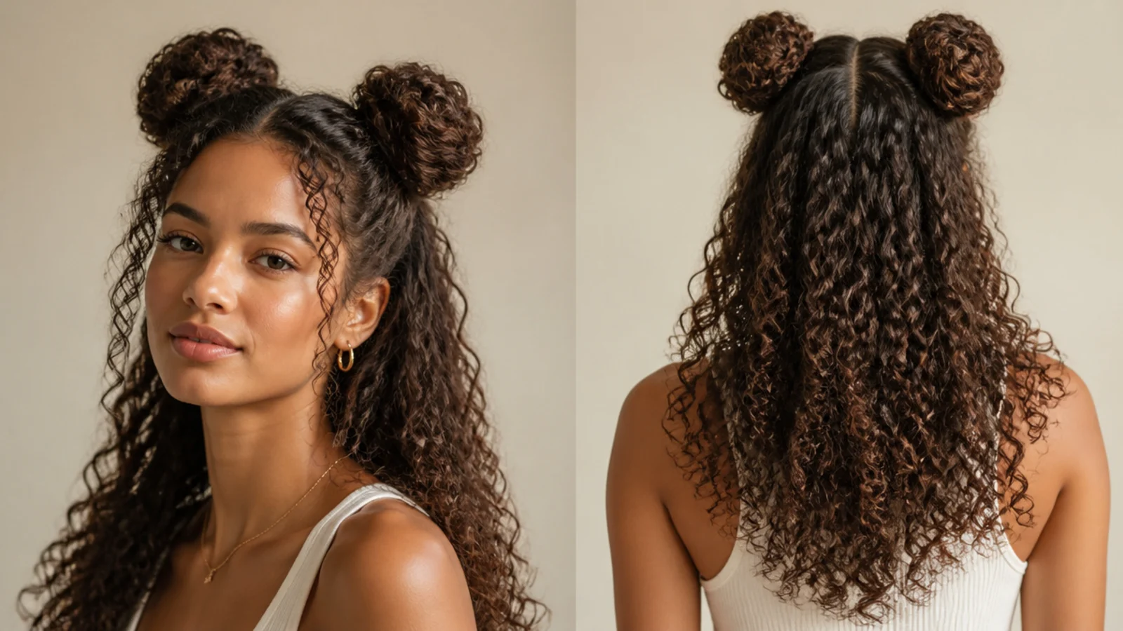 Sleek half-up curly space buns with curls flowing below