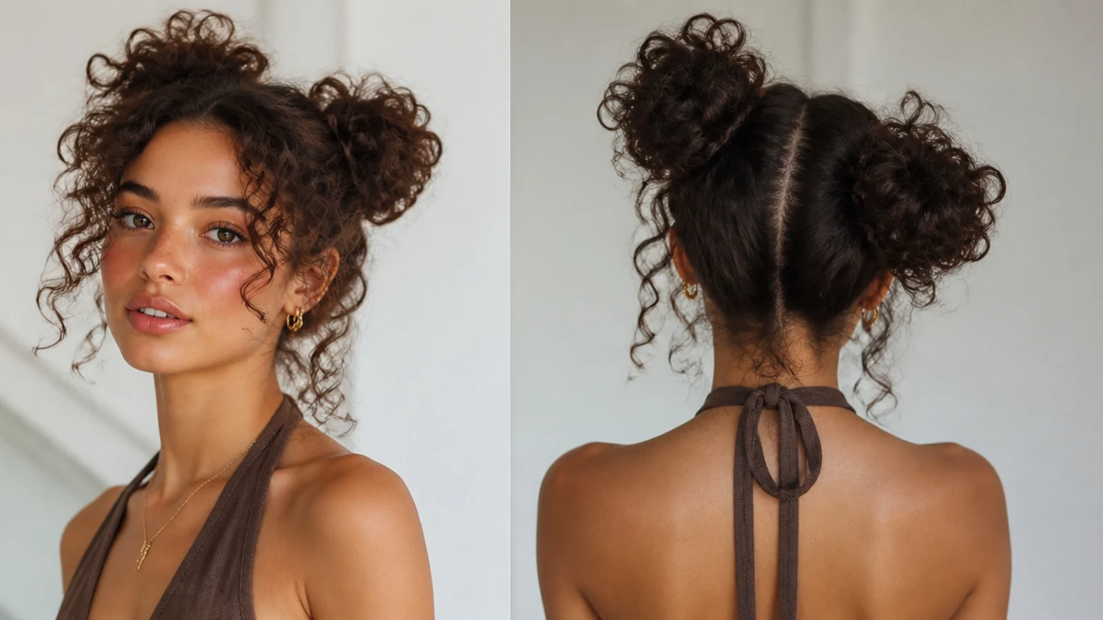 Curly space buns set asymmetrically to the side