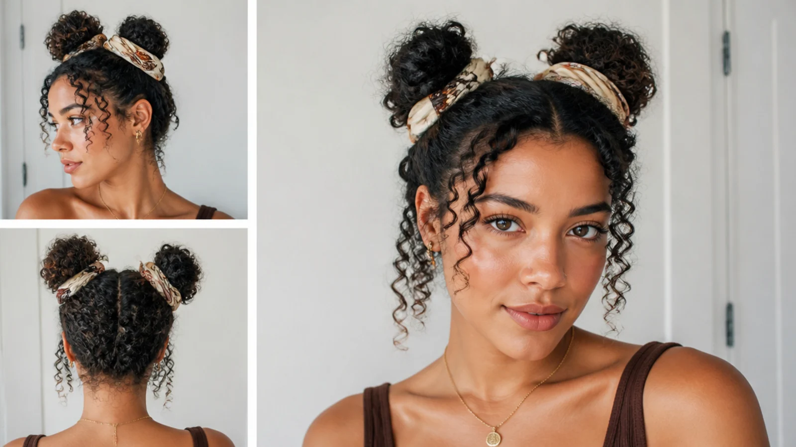 Curly space buns wrapped with a printed scarf