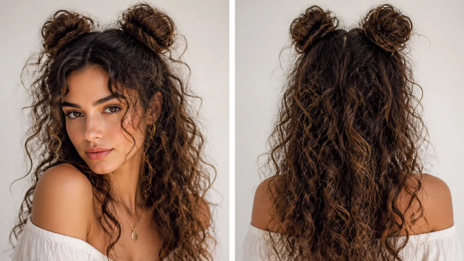 Soft boho curly space buns with lots of loose curls
