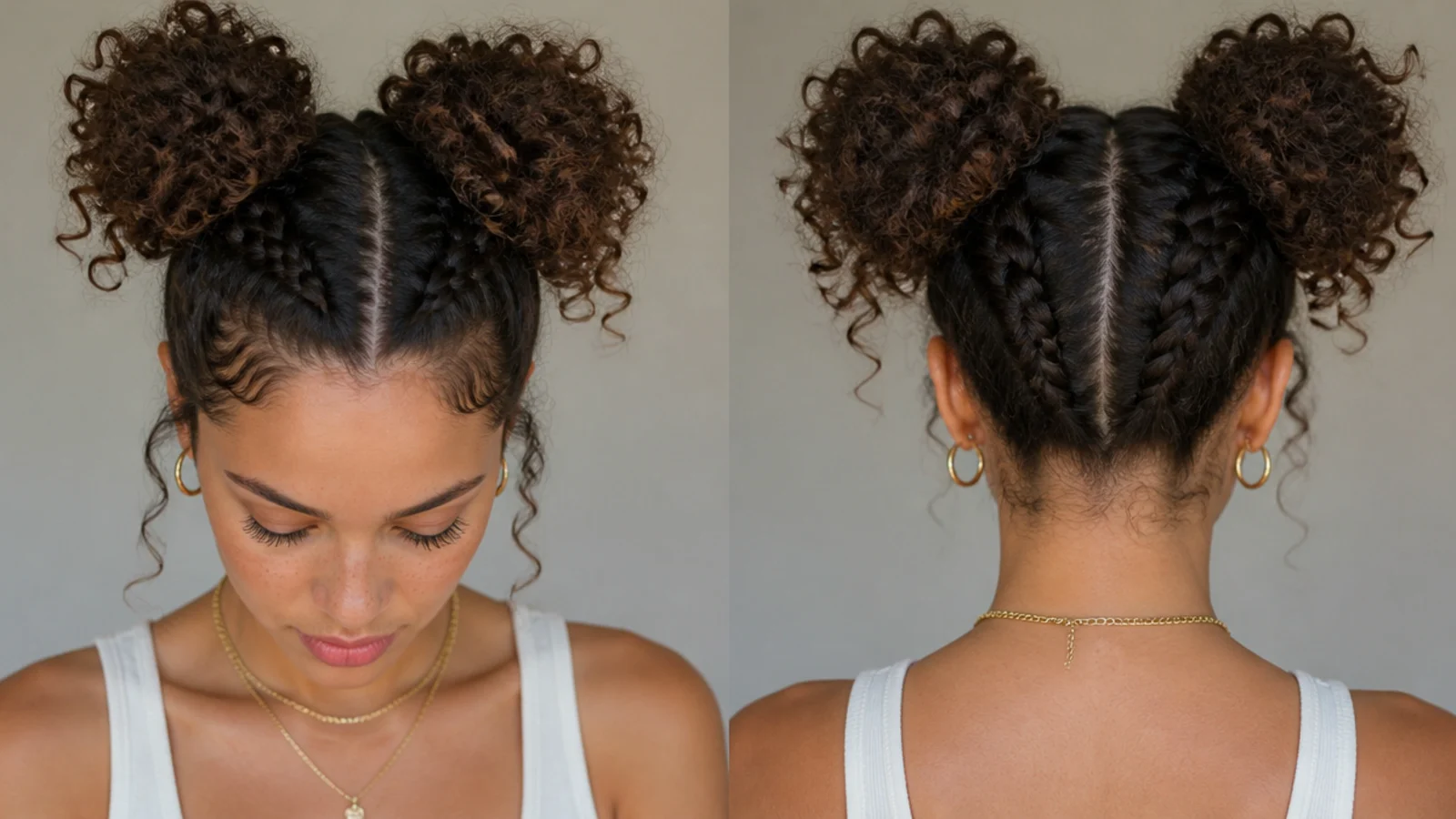 A braid across the crown leading into curly space buns