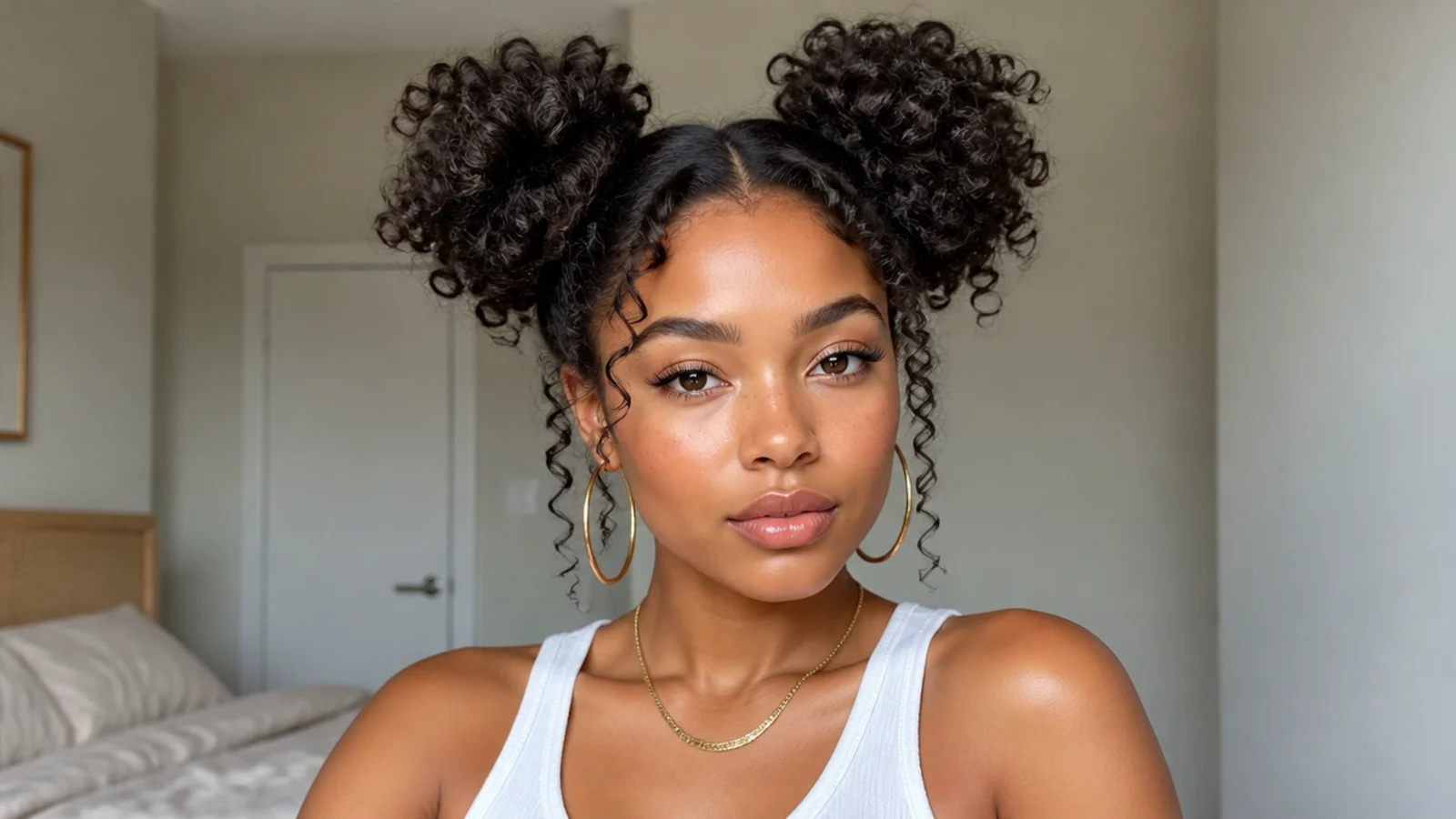 Two full curly puffs styled as loose space buns