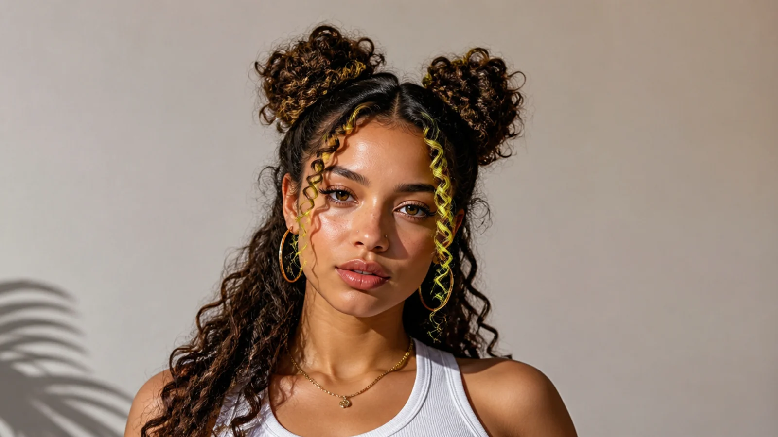 Curly space buns on hair with a bright money piece or color
