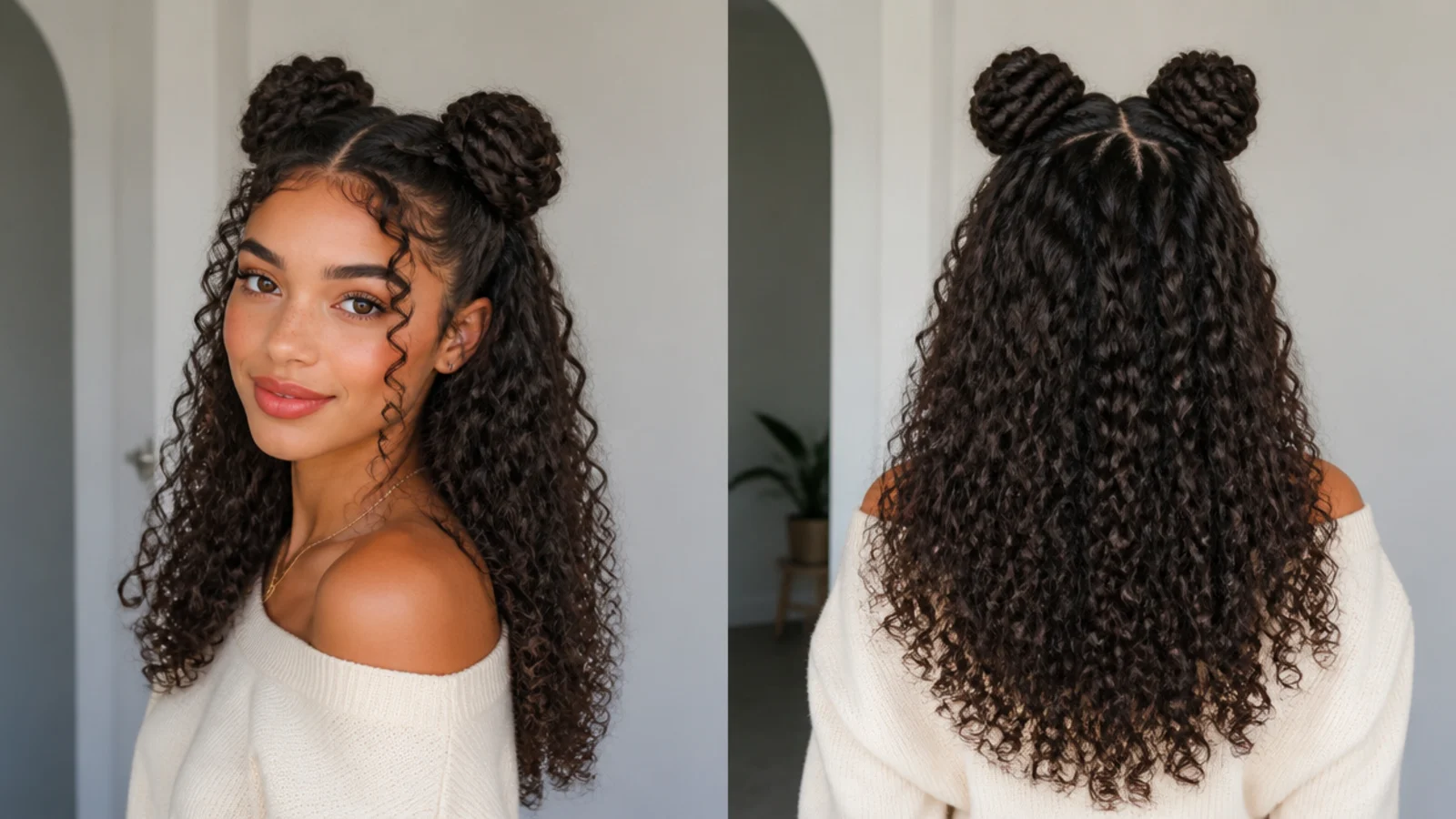 Half-up braided curly space buns with curls down