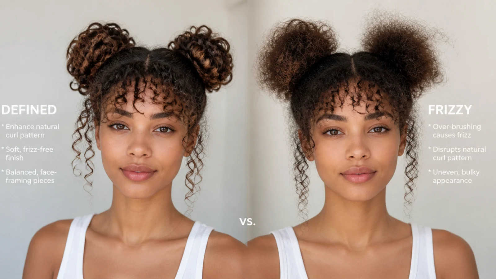 Defined, healthy curly space buns versus frizzy, over-brushed ones