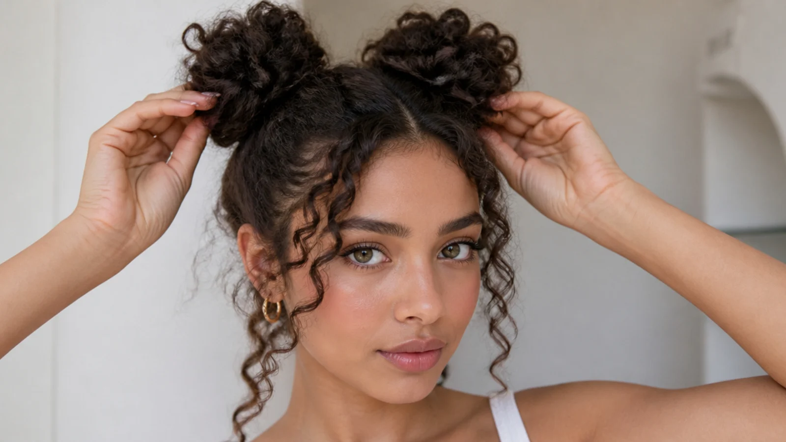 Gathering curly hair gently by hand to keep definition in space buns