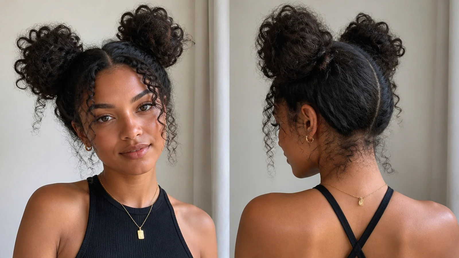 Two full, voluminous curly space buns with defined curls