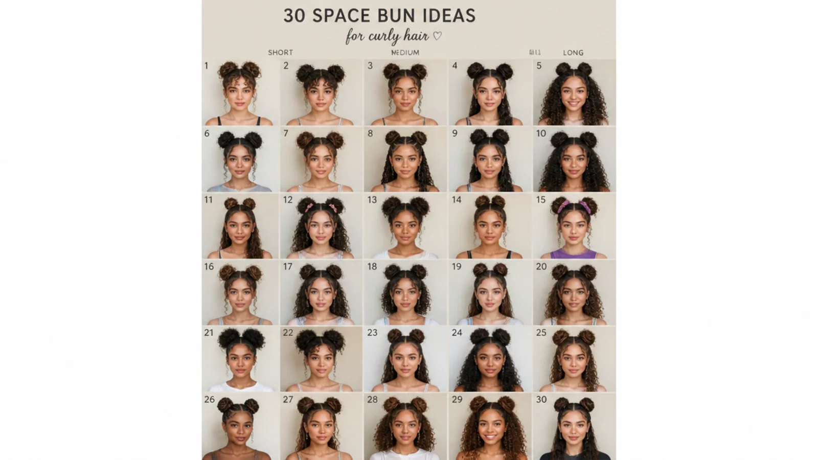 30 space bun ideas for curly hair, vertical Pinterest style