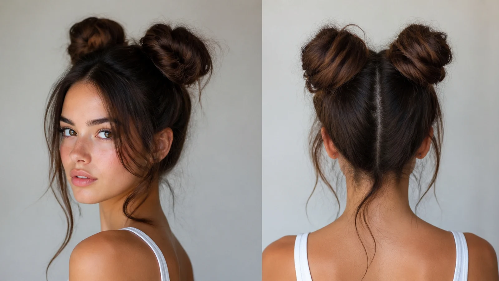 Two high messy space buns with soft face-framing pieces left out