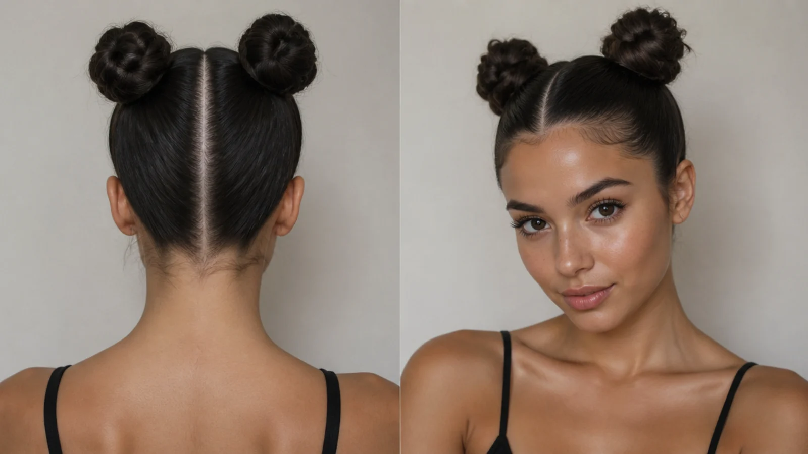 Two sleek, polished high space buns with a smooth finish