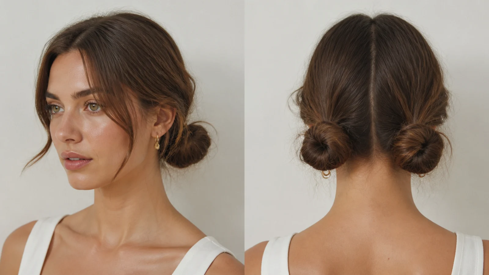 Two low space buns sitting at the nape of the neck
