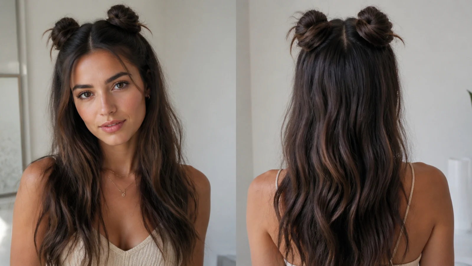 Half-up space buns with the rest of the hair left down