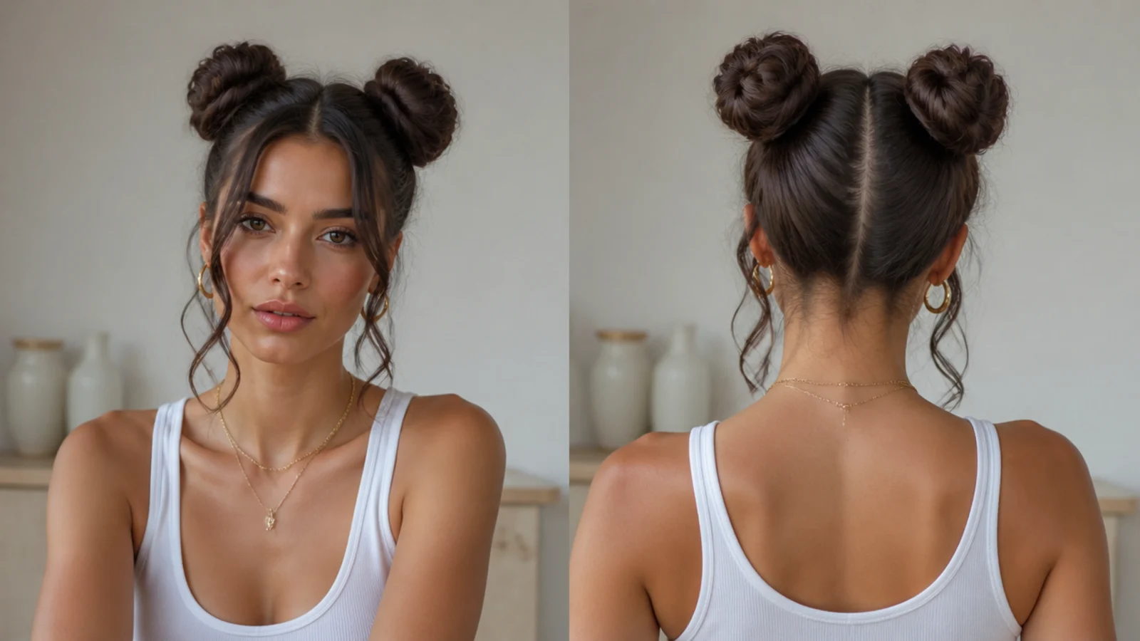 Space buns with curled face-framing pieces left loose