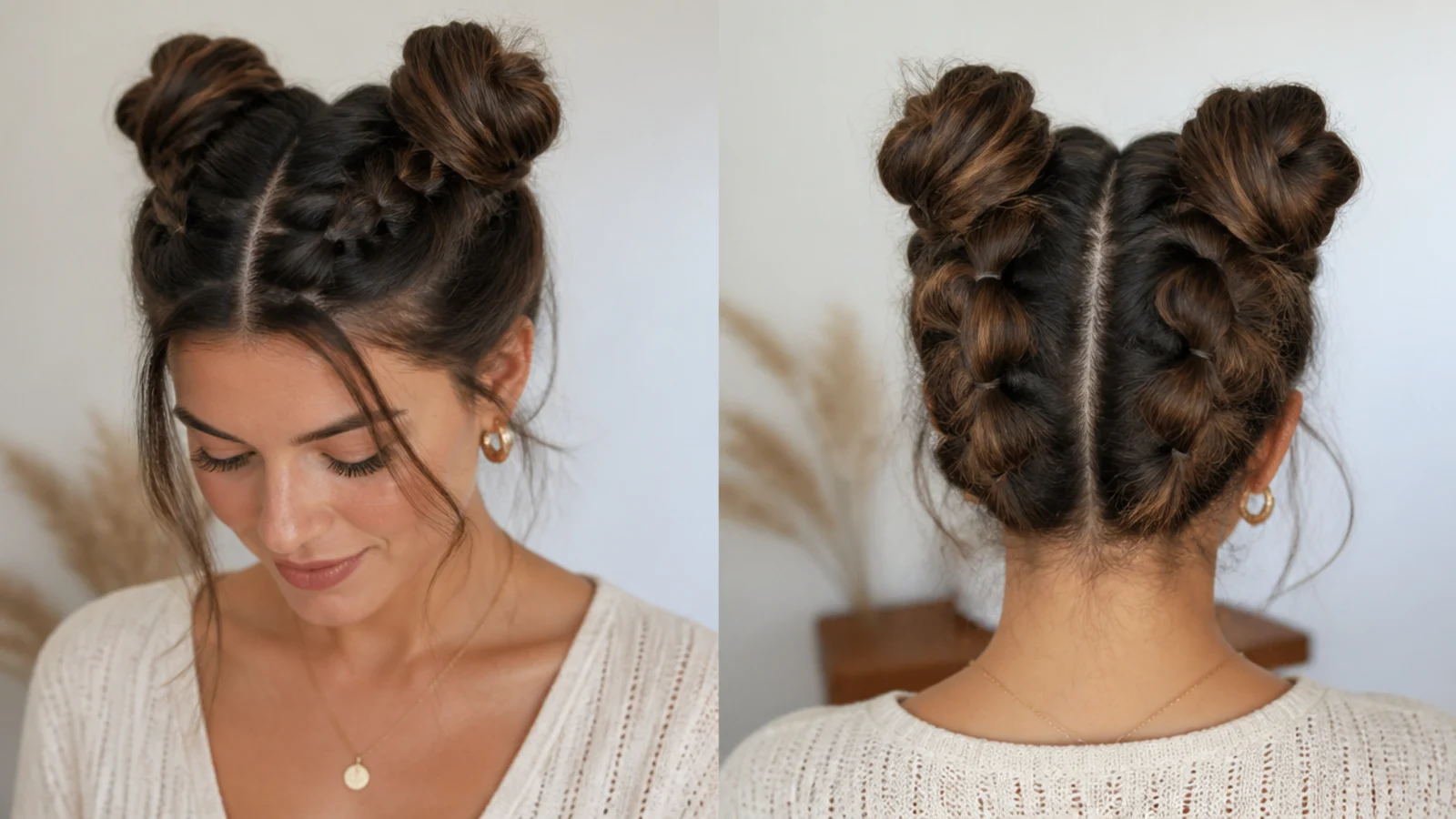 Space buns with bubble braids leading up to each bun