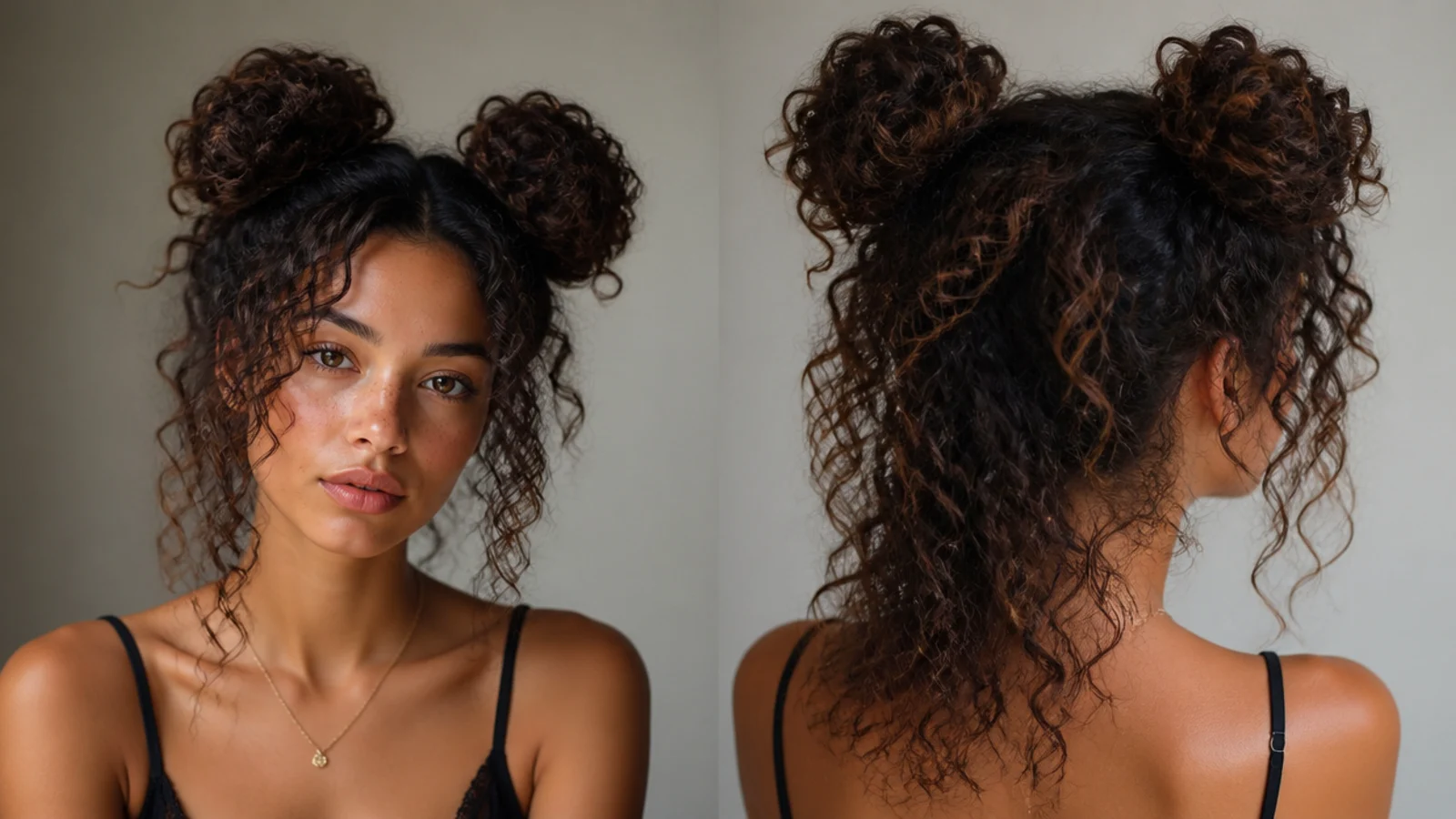 Two voluminous curly space buns with curls left loose at the front