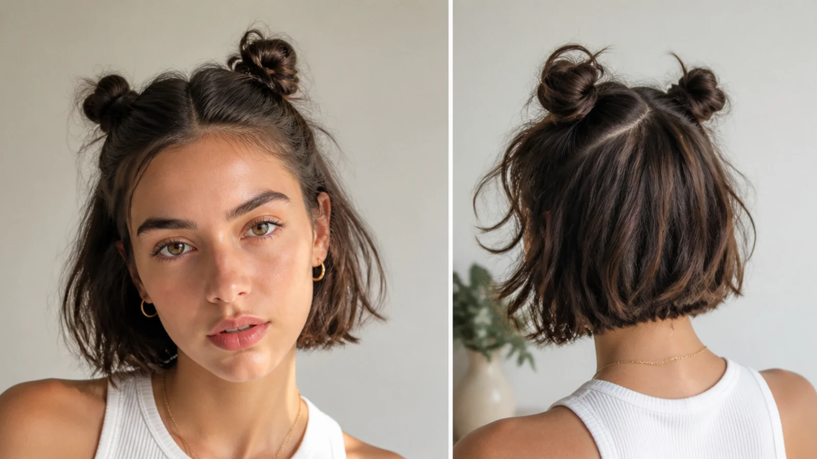 Small space buns on short bob-length hair with loose pieces