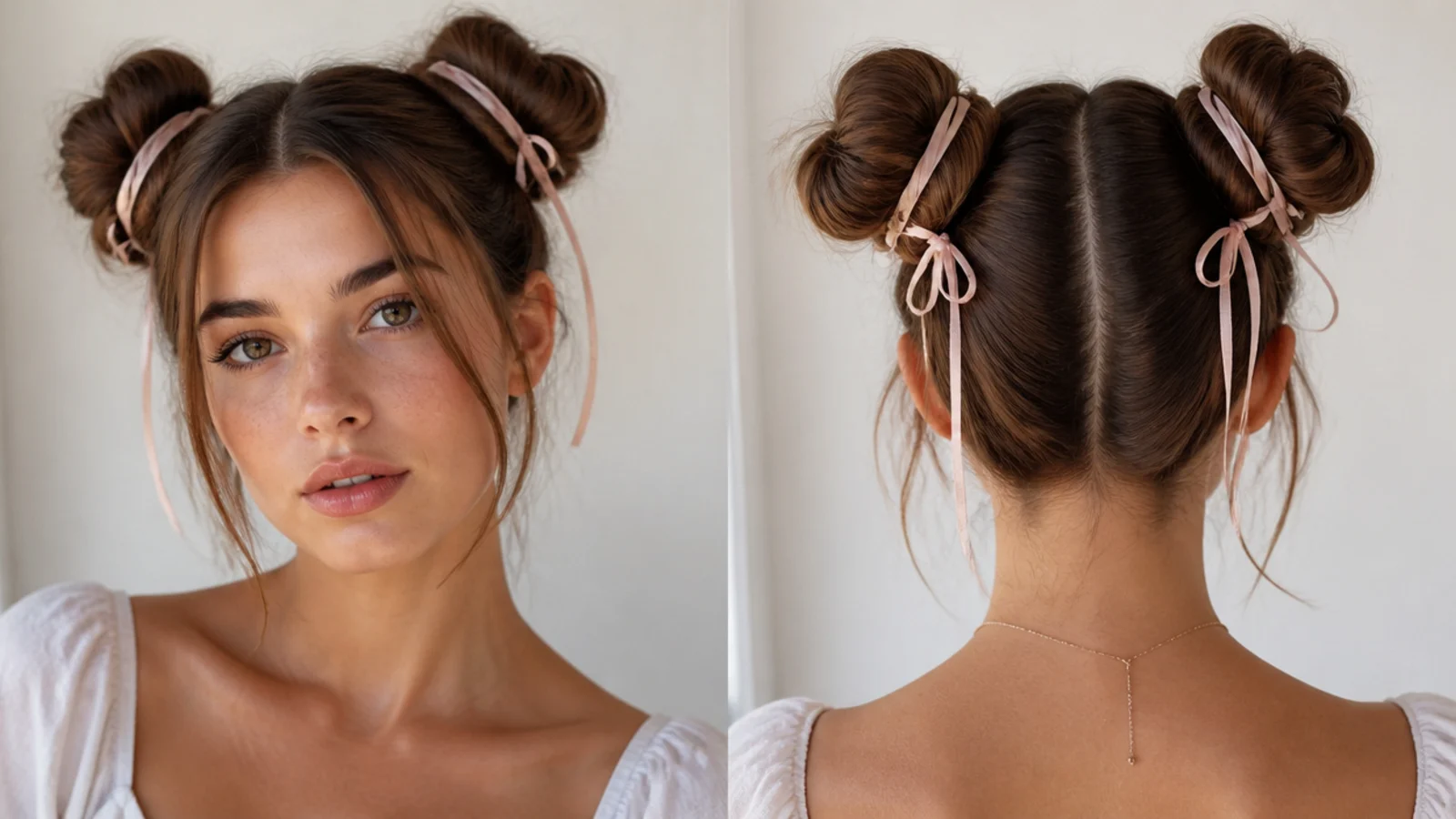 Space buns wrapped with thin ribbons for a cute accessorized look