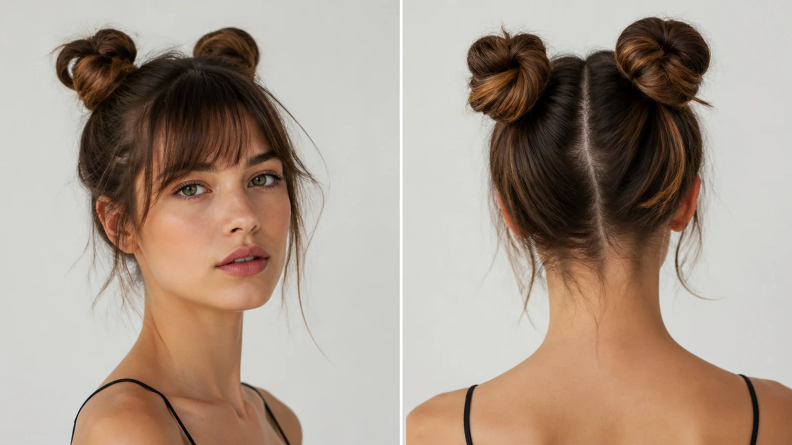 Space buns worn with wispy bangs at the front