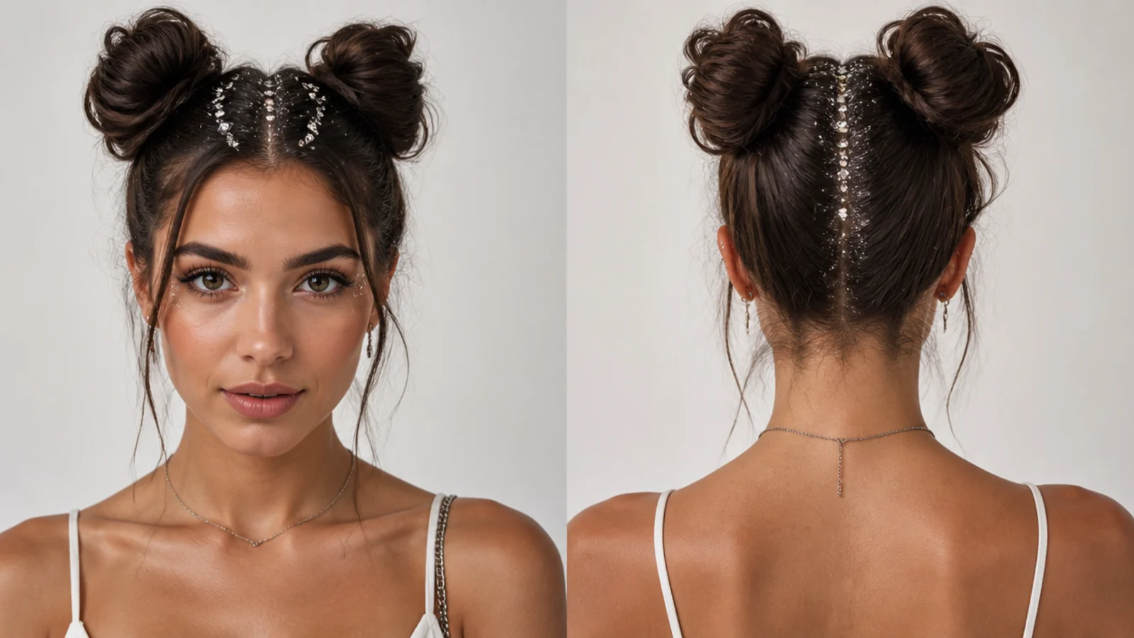 Space buns with glitter and gems along the part for a festival look
